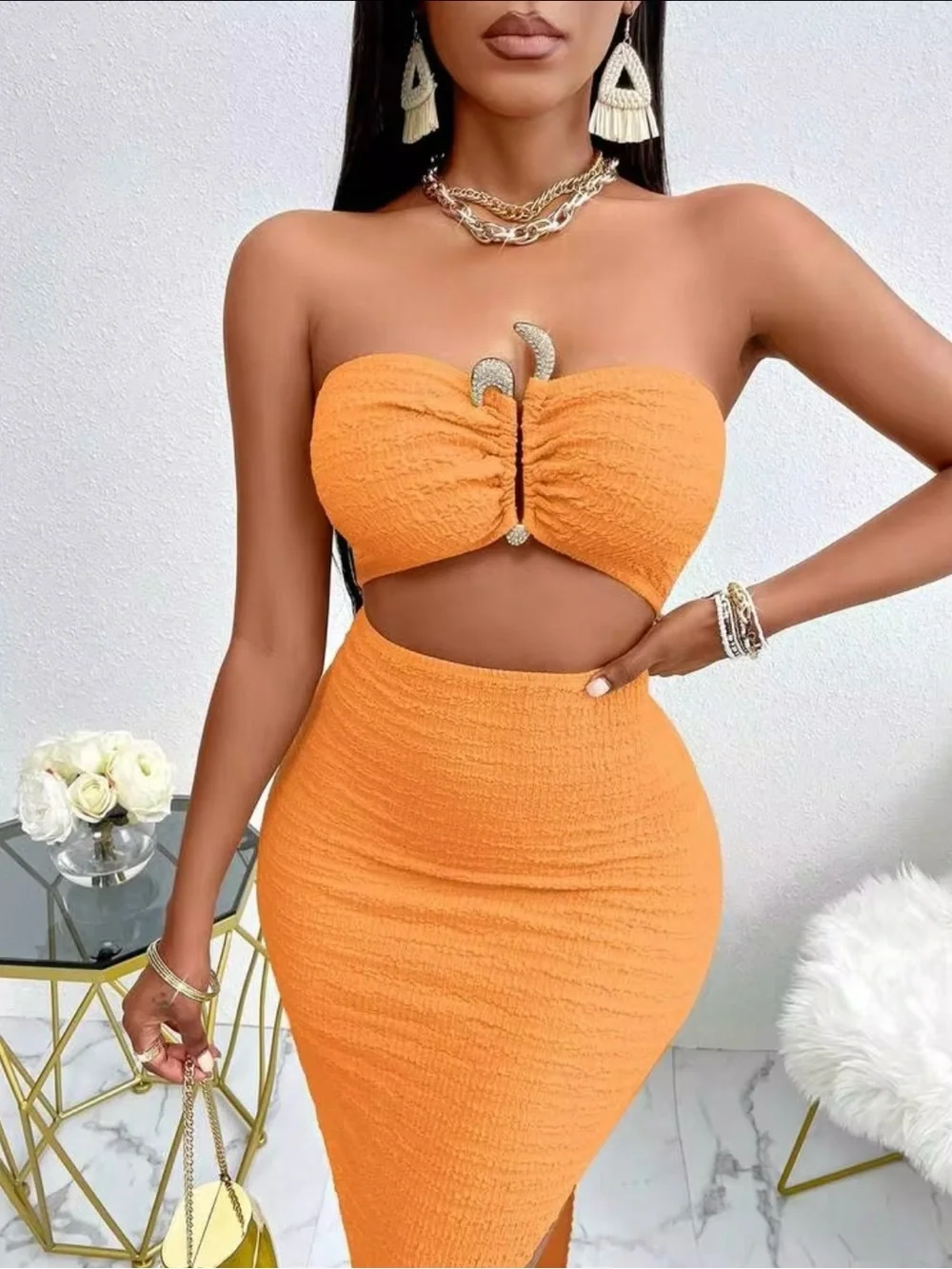 SHEIN Orange Strapless Cutout Maxi Skirt Set